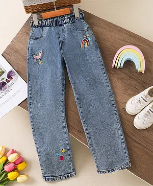 Mark & Mia Cotton Full Length
                              Washed Jeans With Unicorn Theme Embroidery
                              - Light Blue