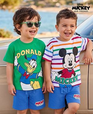 Babyhug Disney Single Jersey Knit Half Sleeve T-Shirt & Shorts Set With Mickey Mouse & Family Graphics Pack of 2 - Multicolour