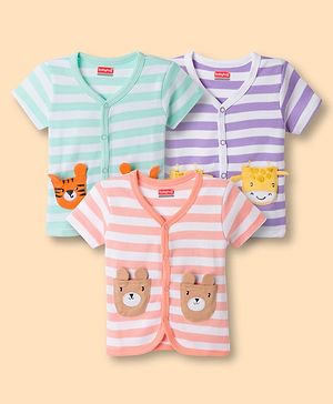 Babyhug 100% Cotton Interlock Knit Half Sleeves Antibacterial Striped Jhablas with Animal Applique Pack of 3 -Multicolor