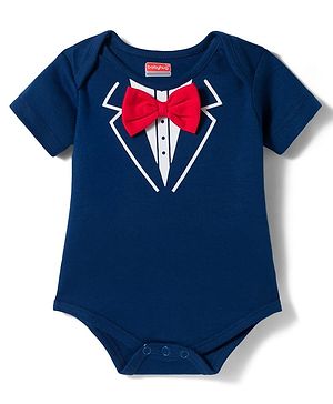Babyhug 100% Cotton Knit Half Sleeves Onesies with Bow Applique - Navy Blue