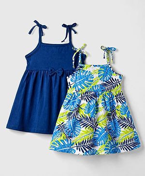 Babyhug 100% Cotton Knit Sleeveless Tropical Theme Printed Frocks With Bow Applique Pack Of 2 - Multicolor