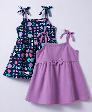 Babyhug 100% Cotton Knit Shoulder Strap Frocks With Bow Applique Pack Of 2 - Multicolor