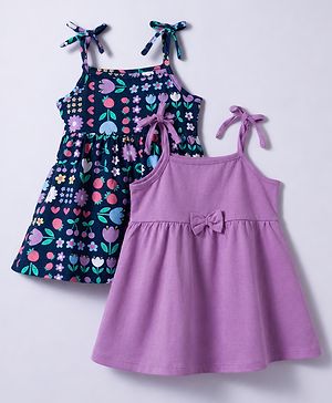 Babyhug 100% Cotton Knit Shoulder Strap Frocks With Bow Applique Pack Of 2 - Multicolor