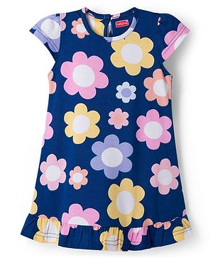 Babyhug Cotton Knit Half Sleeves Nighty with Floral Print - Navy Blue