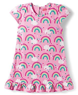Babyhug Cotton Knit Half Sleeves Nighty with Rainbow Print - Pink