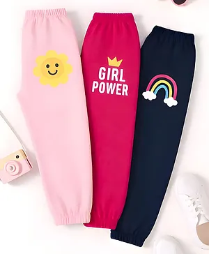 Googo Gaaga Cotton Knit Pack Of 3 Sun
                              Rainbow & Girl Power Text Printed
                              Joggers - Navy Light & Dark Pink