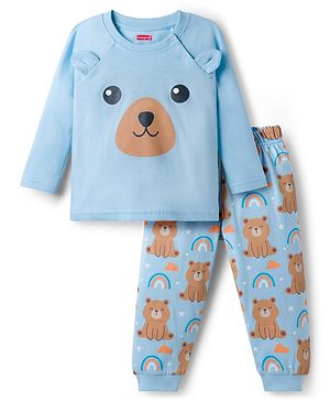 Babyhug Cotton Knit Full Sleeves T-Shirt & Pyjama Night Suit With Teddy Bear & Rainbow Print - Blue