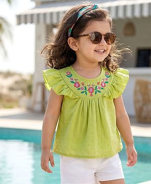 Babyhug Cotton Swiss Dot Woven Half Sleeves Floral Embroidered Top - Olive Green