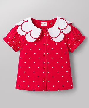 Babyhug Cotton Woven Top with All Over Heart Print Half Sleeves Peter Pan Collar Multi Color 6-9 Months