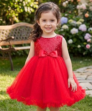 Babyhug Woven Sleeveless Party Dress with Sequin Yoke & Bow Applique - Red