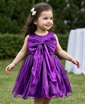 Babyhug T-issue Woven Sleeveless Solid Colour Fit & Flared Party Dress with Bow Applique - Purple