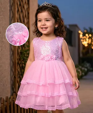 Babyhug Mesh Woven Sleeveless
                              Embellished Sequins on Yoke Party Dress
                              with Lace Detailing & Floral Corsage -
                              Light Pink