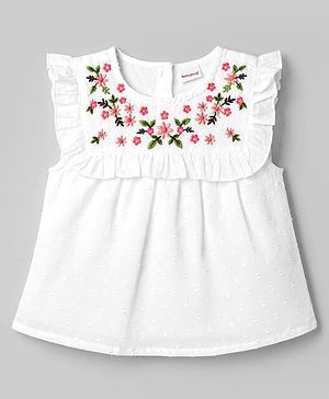 Babyhug 100% Cotton Swiss Dot Woven Frill Sleeves Floral Embroidered Top With Schiffli Detailing - Multicolor