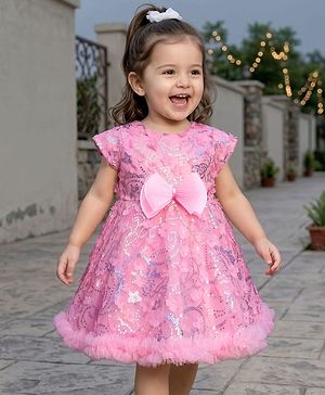 Babyhug Mesh Woven Cap Sleeves Party Dress With Floral Applique & Sequin Detailing - Dark Pink