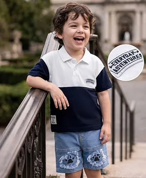 Mark & Mia Cotton Knit Drop
                              Shoulder Half Sleeves Cut & Sew Polo
                              T-Shirt & Denim Shorts Set with Paw
                              Badge Detailing - Multicolor