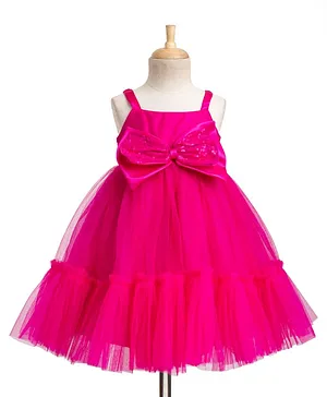 Babyhug Mesh Woven Sleeveless Party
                              Dress With Sequin Bow Applique - Dark
                              Pink