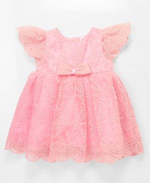 Babyhug Mesh Woven Half Frill Sleeves Floral Embroidered Party Dress with Bow Applique - Light Pink