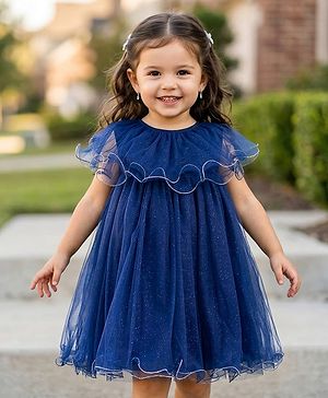 Babyhug Mesh Woven Sleeveless Solid Party Dress With Frill Detailing - Navy Blue