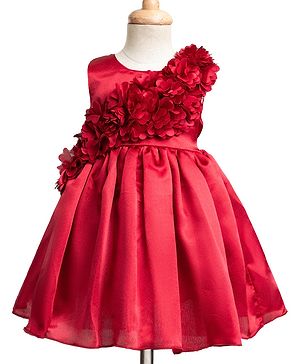 Babyhug Satin Woven Sleeveless Party Dress with Floral Corsage - Red