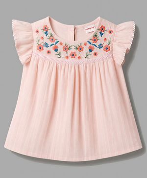 Babyhug 100% Cotton Knit Sleeveless Floral Embroidered Top - Peach