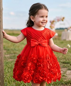Babyhug Mesh Woven Cap Sleeves Yoke Pleated Party Dress With Floral & Bow Applique - Red
