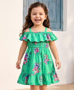 Babyhug Single Jersey Knit Frill Sleeves Floral Printed Frock - Sea Green