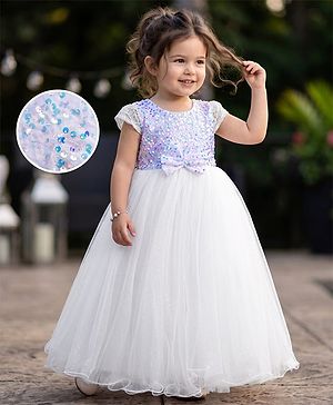 Babyhug Mesh Woven Cap Sleeves Full Length Party Gown with Lace Bow & Sequin  Detailing - White
