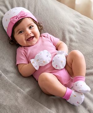 Babyhug 100% Cotton Knit Cap, Mittens & Booties Set with Bow Applique Floral Print  White & Pink - Diameter 10 cm