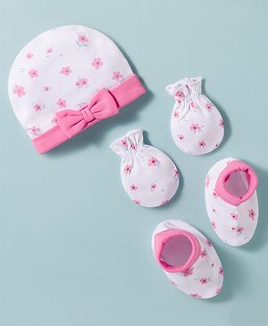 Babyhug 100% Cotton Knit Cap, Mittens & Booties Set with Floral Print White & Pink - Diameter 15 cm