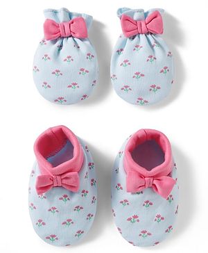 Babyhug 100% Cotton Knit Mittens & Booties Set with Floral Print & Bow Applique - Multicolor
