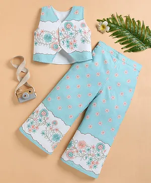 blushh berry Cotton Knit Sleeveless
                              Floral Printed Top & Pant Set - Blue