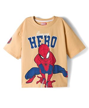 Pine Kids Marvel Single Jersey Knit Drop Shoulder Half Sleeves T-Shirts with Front & Back Spider-Man Graphics - Beige
