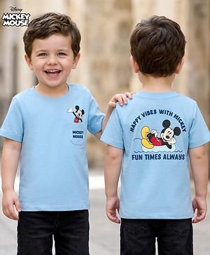Babyhug Disney 100% Cotton Knit Half Sleeves T-Shirt With Front & Back Mickey Mouse Graphic - Light Blue