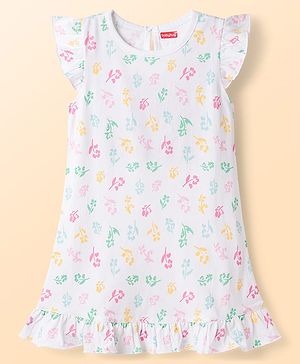 Babyhug Cotton Knit Half Sleeves Floral Printed Nighty - White