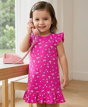 Babyhug Cotton Knit Frill Sleeves Nighty with Floral Print - Purple
