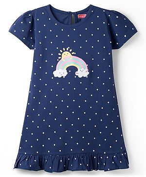 Babyhug Cotton Knit Half Sleeves Nighty with Rainbow & Polka Dot Print - Navy Blue