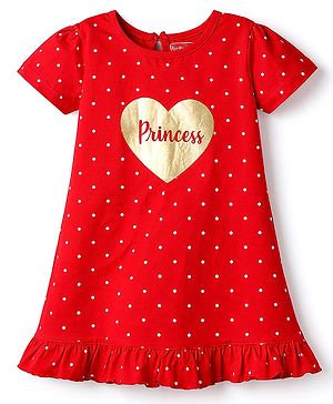 Babyhug Cotton Knit Half Sleeves Polka Dots Printed Nighty - Red