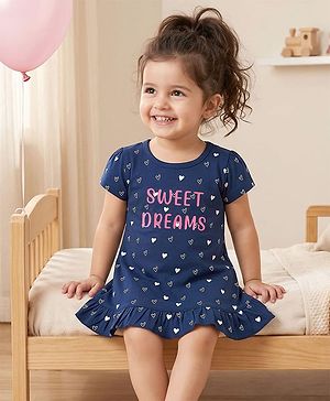 Babyhug Cotton Knit Half Sleeves Hearts Printed Nighty - Navy Blue