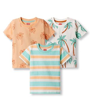 Babyhug Cotton Knit Half Sleeves Striped T-Shirts with Coconut Tree Print Pack of 3 - Multicolor