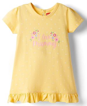 Babyhug Cotton Knit Polka Dots & Floral Printed Nighty - Yellow