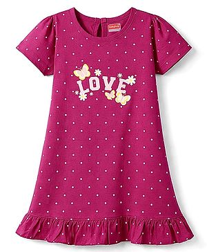 Babyhug Cotton Knit Half Sleeves Nighty With Polka Dots Print & Text Print - Purple