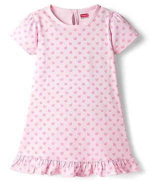 Babyhug Cotton Knit Half Sleeves Nighty With Heart Print - Pink
