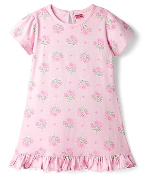 Babyhug Cotton Knit Half Sleeves Nighty With Floral Print - Pink