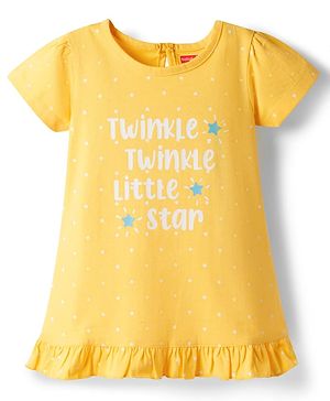 Babyhug Cotton Knit Half Sleeves Polka Dots & Text Printed Nighty - Yellow