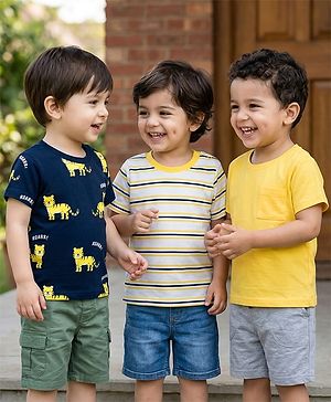 Babyhug Cotton Knit T-Shirts with Graphics Pack of 3 Multi Color 6-9 Months