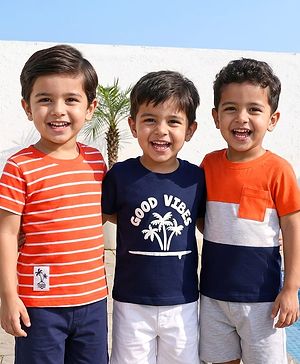Babyhug Cotton Knit Half Sleeves T-Shirts with Stripes & Good Vibes Graphics Pack of 3 - Multicolor