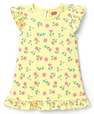 Babyhug Cotton Knit Half Sleeves Floral Printed Nighty - Yellow