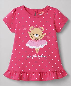 Babyhug Cotton Knit Half Sleeves Nighty With Bear & Polka Dots Print - Pink