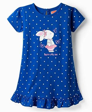 Babyhug Cotton Knit Half Sleeves Nighty With Bear & Polka Dots Print - Navy Blue