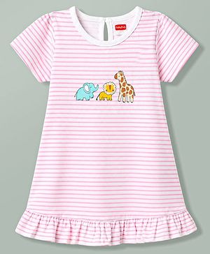 Babyhug Cotton Knit Half Sleeves Striped Nighty With Animal Print - Pink